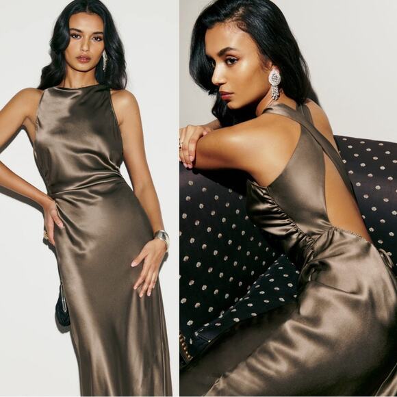 Reformation Morel Brown Anaiis Silk Dress High Neck Open Back Maxi Dress Size 4 - Picture 2 of 11